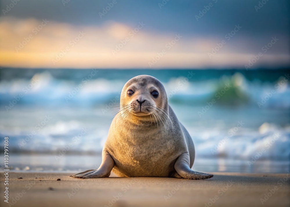 Obraz premium Serene Minimalist Photography of a Seal Resting on the Beach, Emphasizing Natural Beauty and Tranquility in a Coastal Landscape Under Soft Light