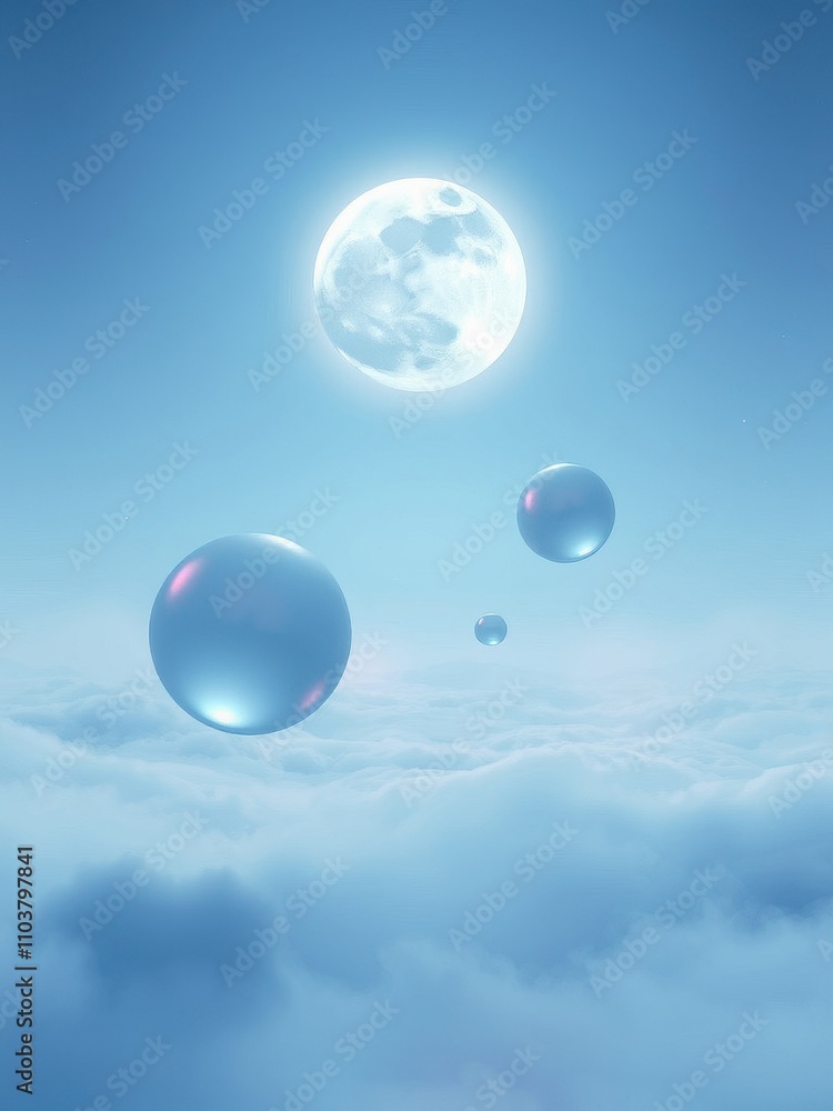 Iridescent spheres drifting through a dreamy, lunar landscape, sphere, ethereal, surreal, , night Iridescent spheres drifting through a dreamy, lunar landscape, sphere, ethereal, surreal, , night