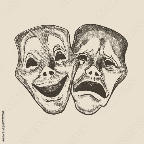 Two theatrical masks, sad and happy, illustration in the style of medieval engraving