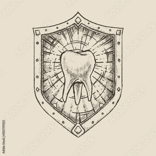 Shield with tooth, tooth protection, strong teeth, medieval engraving style illustration