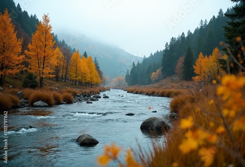 A river running through a forest filled with trees. photo