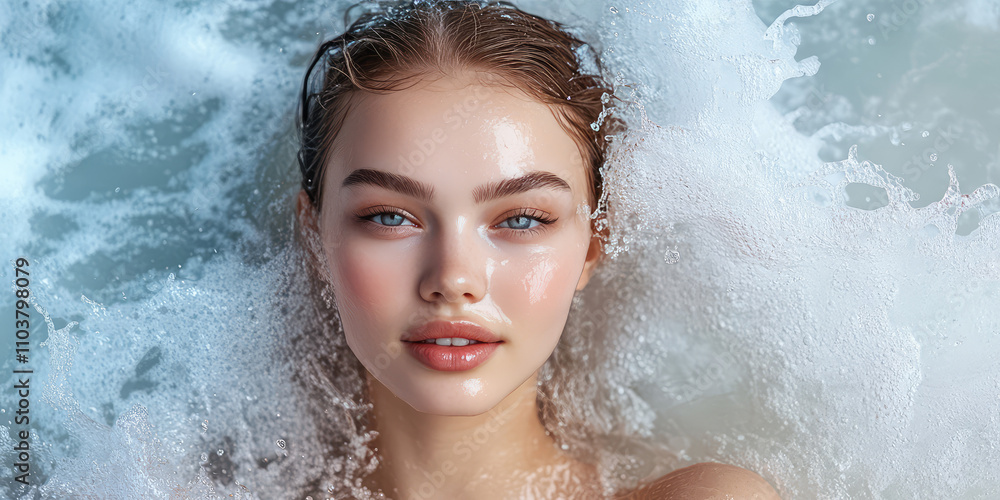 Portrait of young beautiful woman with clear skin with waves and splashes of water. Background with copy space. Moisturizing cosmetics facial care concept Portrait of young beautiful woman with clear skin with waves and splashes of water. Background with copy space. Moisturizing cosmetics facial care concept