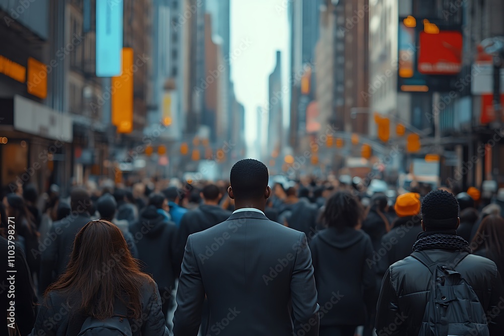 Businessman Walking Amidst Anonymous City Crowd Businessman Walking Amidst Anonymous City Crowd