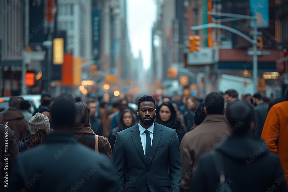 Businessman Walking Amidst Anonymous City Crowd, Daytime Perspective Businessman Walking Amidst Anonymous City Crowd, Daytime Perspective