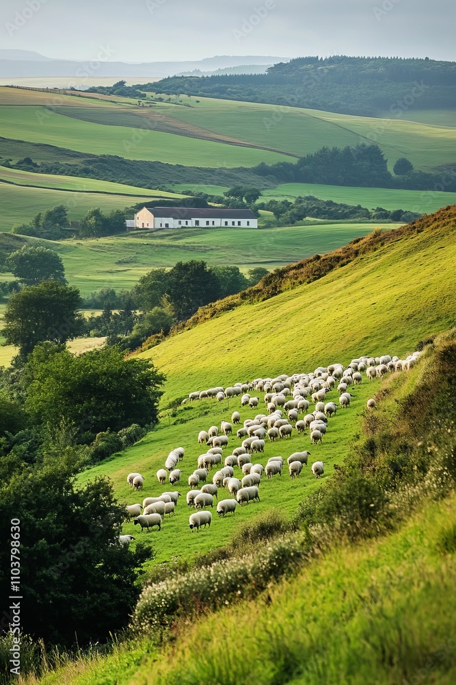 Obraz premium Rolling green hills, sheep grazing, farmhouse.