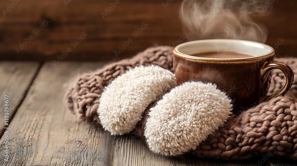 A close-up of fluffy ear warmers placed next to a steaming mug of hot cocoa on a rustic wooden table A close-up of fluffy ear warmers placed next to a steaming mug of hot cocoa on a rustic wooden table