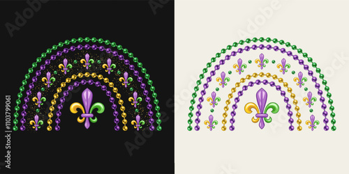 Rainbow made with bead strings, Fleur de Lis sign. Design element for Mardi Gras decoration.