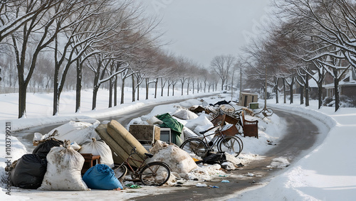 Winter landscape showing garbage accumulation alongside a snowy road with leafless trees in a quiet neighborhood