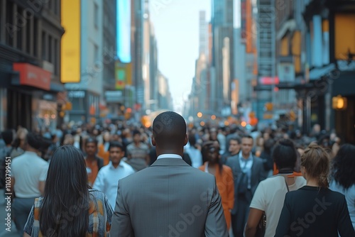 Businessman Walking City Street Crowd Blurred Skyscrapers