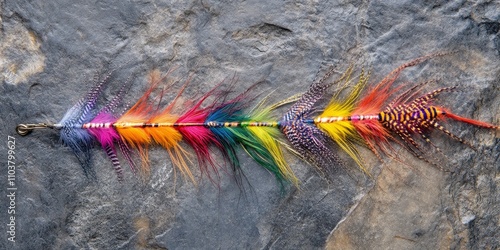 Colorful jig streamers crafted from feathers are beautifully arranged on a gray stone surface, showcasing vibrant designs. These colorful jig streamers add artistic flair to any fishing collection. photo