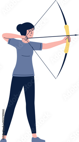 A woman is holding a bow and arrow and is about to shoot it