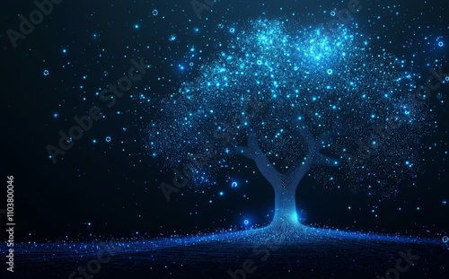 A glowing digital tree, featuring luminous branches and roots, is depicted against a starry night sky, signifying the growth of technology and connectivity. photo