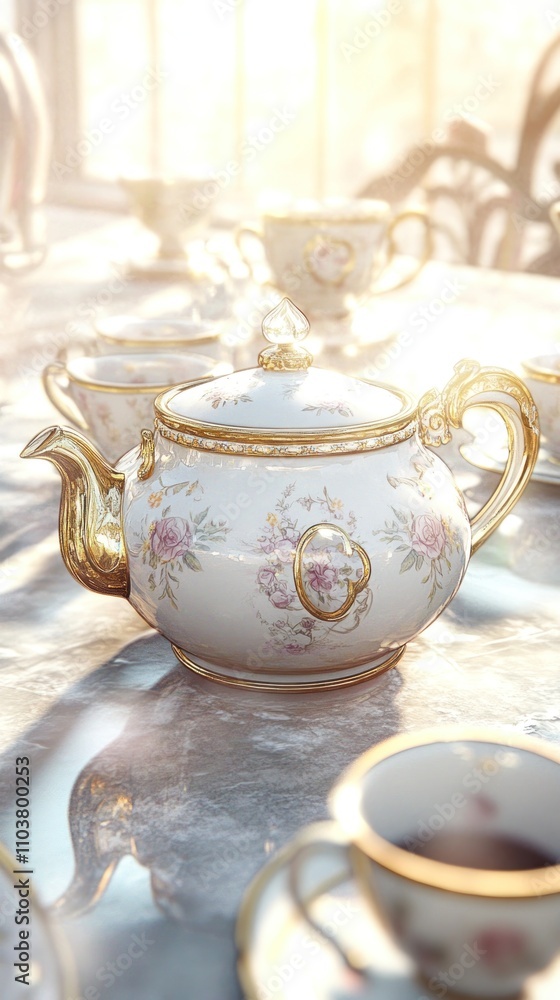 A delicate porcelain teapot with floral designs, surrounded by tea cups in a sunlit setting. A delicate porcelain teapot with floral designs, surrounded by tea cups in a sunlit setting.
