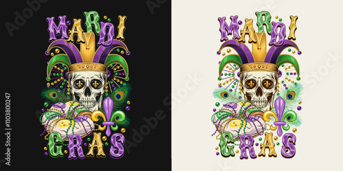 Composition with human skull in jester harlequin hat., traditional festival Mardi Gras food, beer and king cake. Peacock feathers, bead behind. T shirt graphics