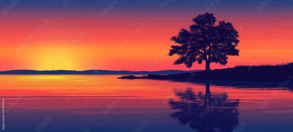 Fototapeta premium Serene Sunset: Solitary Tree by Still Lake