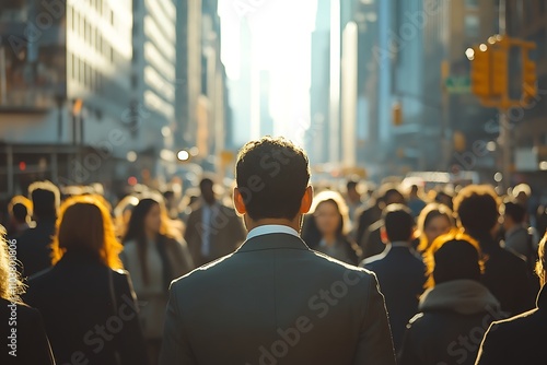 Businessman Walking Through Dense City Crowd1 photo