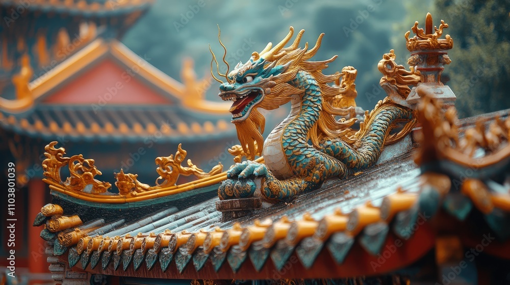 A detailed dragon sculpture atop a traditional Asian temple roof, showcasing intricate craftsmanship. A detailed dragon sculpture atop a traditional Asian temple roof, showcasing intricate craftsmanship.