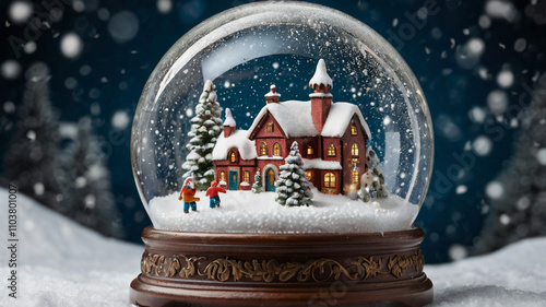 Snow Globe with a tiny winter village and falling 