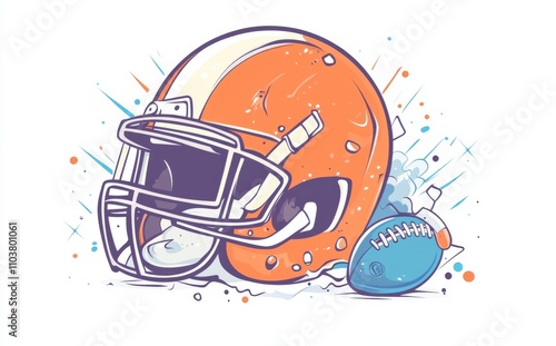 An eye-catching orange football helmet and ball adorned with various sports symbols, capturing the essence of team games. photo