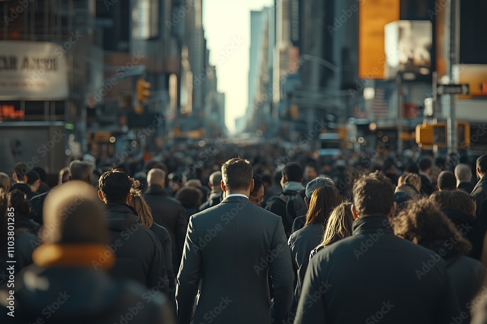 Businessman Walking Through Rush Hour Crowd, Skyscraper Perspective Businessman Walking Through Rush Hour Crowd, Skyscraper Perspective