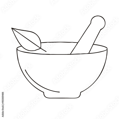 Good icon of mortar and pestle with leaf for grinding herbs.
