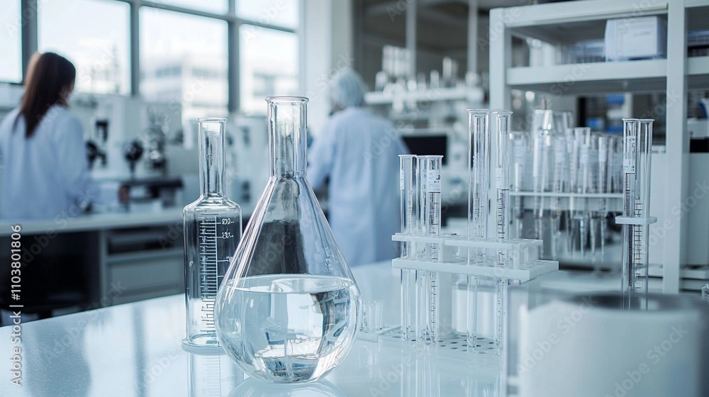 Modern scientific laboratory with glass beakers, flasks, and test tubes in foreground. Researchers in protective gear work diligently in background, showcasing cutting-edge research environment. Modern scientific laboratory with glass beakers, flasks, and test tubes in foreground. Researchers in protective gear work diligently in background, showcasing cutting-edge research environment.