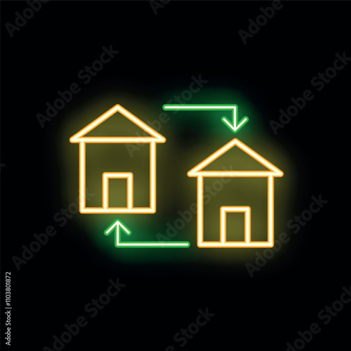 Neon sign illustrating an exchange of houses with green arrows pointing in opposite directions