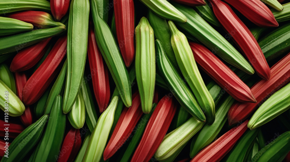 Fototapeta premium Close-up of a heap of fresh red and green okra, highlighting their vibrant colors and smooth, elongated shape in a natural arrangement.