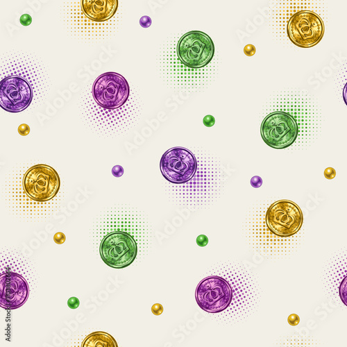 Seamless pattern with scattered Mardi Gras colorful coins, beads, halftone shapes. Holiday trinkets on white background. Vintage style illustration