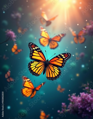 colorful butterflies flying over the ocean, red, yellow, green, green, blue, purple and orange colors, lights and rays, three-dimensional extremely vivid