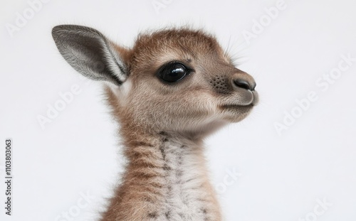 A charming young kangaroo gazes inquisitively at the camera, sporting a playful look against a simple white backdrop.