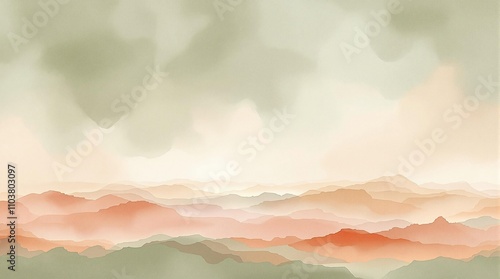 Abstract watercolor art in neutral green and red tones, illustration, vibrant