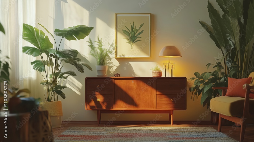 A retro living room with a vintage commode, stylish decor, plants, and cozy accents creates serenity.