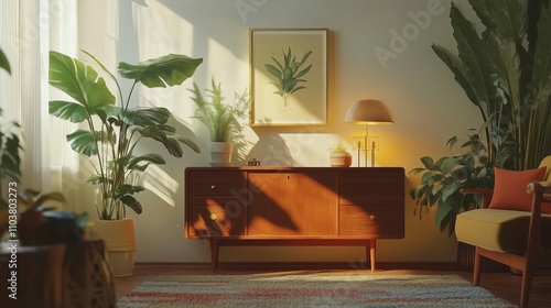 Obraz na płótnie A retro living room with a vintage commode, stylish decor, plants, and cozy accents creates serenity. w salonie