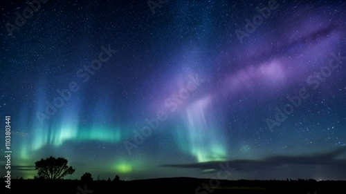 the aurora borealis (northern lights) phenomenon in the night sky. The aurora borealis is a colorful display of light in the sky, produced by charged particles from the sun interacting with