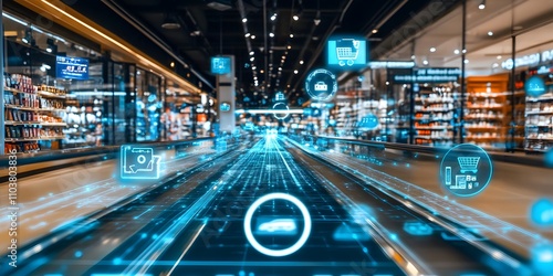 A futuristic retail space with digital icons representing shopping and technology.