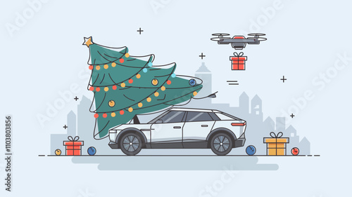 EV car parked under a Christmas tree, decorated with colorful lights and ornaments, alongside a drone flying above holding a small gift box with a ribbon.