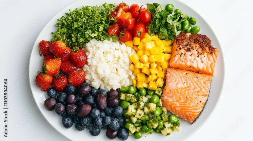 A vibrant plate featuring grilled salmon, fresh vegetables, mango cubes, and rice, promoting a balanced and nutritious meal... A vibrant plate featuring grilled salmon, fresh vegetables, mango cubes, and rice, promoting a balanced and nutritious meal...