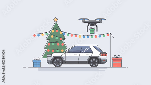 EV car parked under a Christmas tree, decorated with colorful lights and ornaments, alongside a drone flying above holding a small gift box with a ribbon.