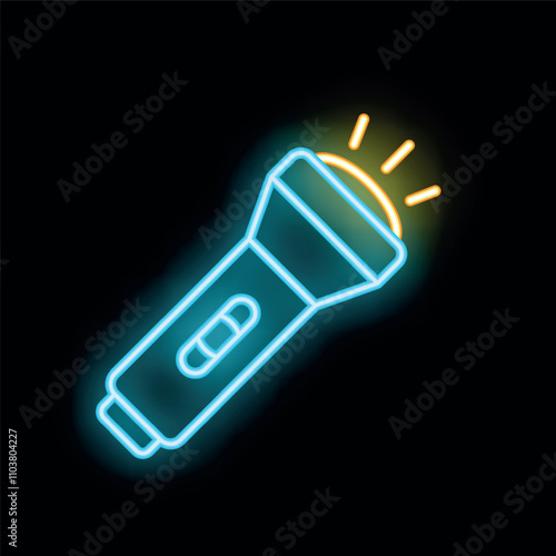 Blue neon flashlight shining with yellow light beams