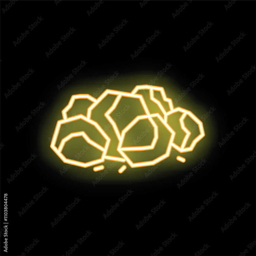 Yellow neon sign showing a pile of stones, glowing on a black background
