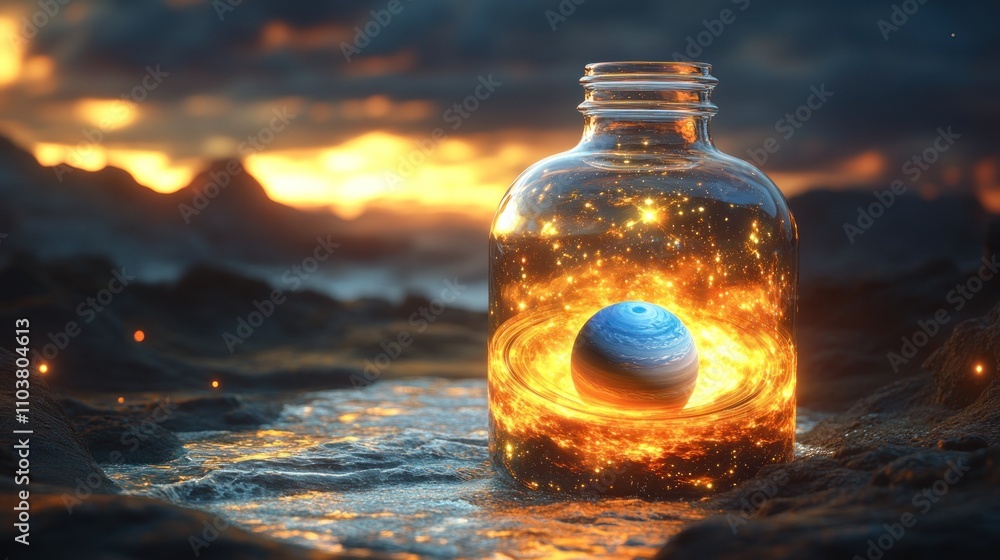 Miniature planet encased in fiery nebula within a glass jar on a rocky shore at sunset. Miniature planet encased in fiery nebula within a glass jar on a rocky shore at sunset.