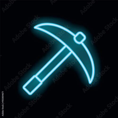 Glowing blue neon pickaxe shining on dark background