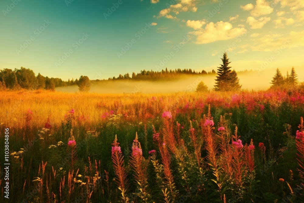 Golden Hour View of Wildflower Meadow in Serene Rural Landscape Golden Hour View of Wildflower Meadow in Serene Rural Landscape