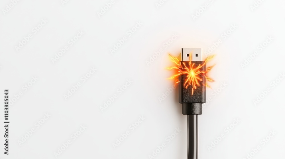 USB Cable with Spark Effect on a White Background, Symbolizing Electrical Surge, Power, Technology, and Connectivity in Modern Digital Life USB Cable with Spark Effect on a White Background, Symbolizing Electrical Surge, Power, Technology, and Connectivity in Modern Digital Life