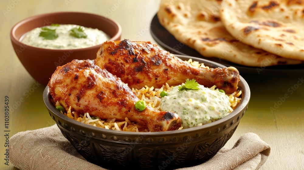 Savory Grilled Chicken Drumsticks with Rice and Raita Dip Indian food cuisine Savory Grilled Chicken Drumsticks with Rice and Raita Dip Indian food cuisine