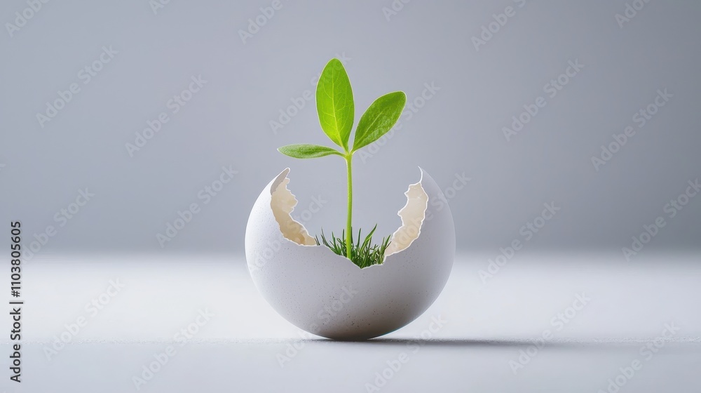 Fresh Green Plant Emerging from Broken Eggshell Symbolizing New Beginnings, Growth and Sustainability in Nature and Life Concepts Fresh Green Plant Emerging from Broken Eggshell Symbolizing New Beginnings, Growth and Sustainability in Nature and Life Concepts