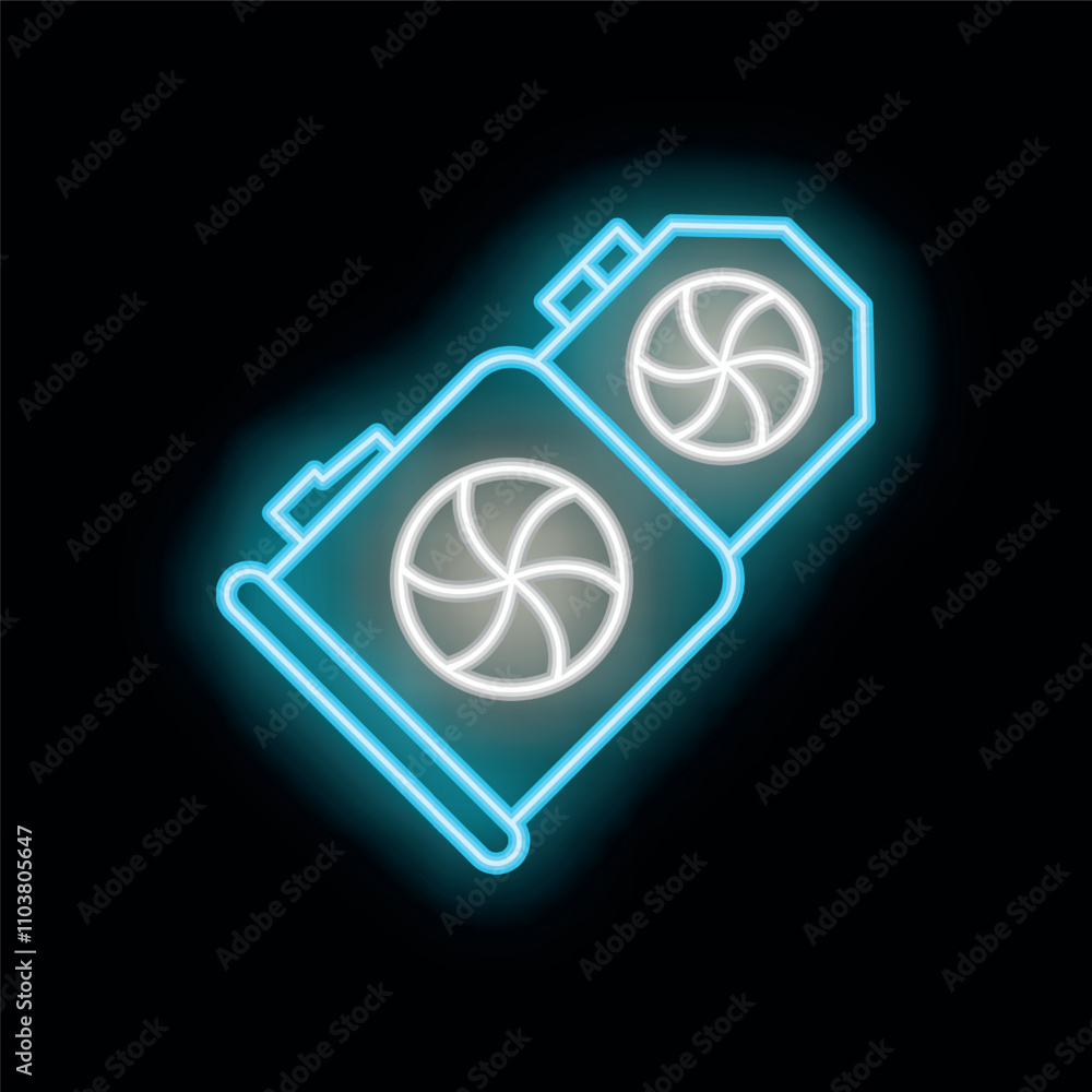 Neon icon of computer part cooling system with two spinning fans glowing on black background Neon icon of computer part cooling system with two spinning fans glowing on black background