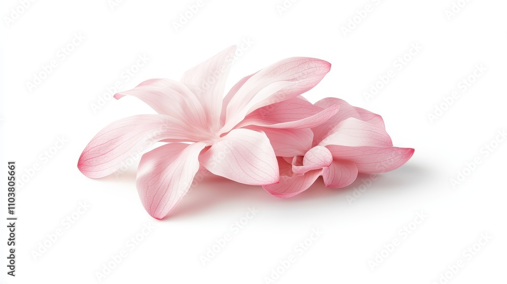 Fototapeta premium Delicate pink flower petals, gently overlapping, soft light, isolated on white background.