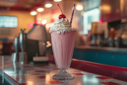 Pink milkshake, whipped cream, cherry, straw, diner.